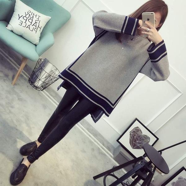 レディース　トップス　ニット　セーター　ラウンドネック　長袖　ゆったり　バイカラー　テールカット　カジュアル　大人可愛い　フェミニン　オフィス　お出かけ　デート　デイリー　ネイビー　レッド　グレー　フリーサイズ　送料無料