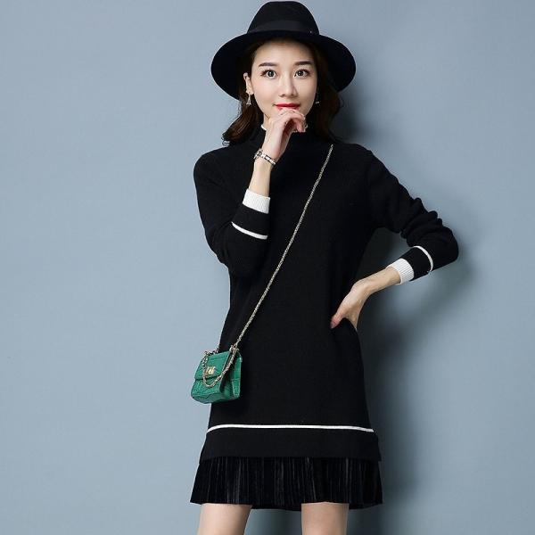 レディース　ニット　ワンピース　長袖　ハイネック　無地　ミニワンピ　スリム　カジュアル　大人可愛い　フェミニン　オフィス　お出かけ　デート　デイリー　ブラック　ブラウン　カーキ　フリーサイズ　送料無料