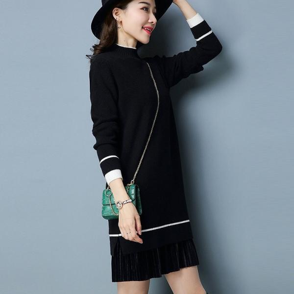 レディース　ニット　ワンピース　長袖　ハイネック　無地　ミニワンピ　スリム　カジュアル　大人可愛い　フェミニン　オフィス　お出かけ　デート　デイリー　ブラック　ブラウン　カーキ　フリーサイズ　送料無料