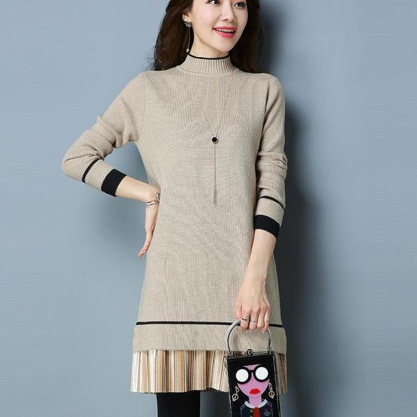 レディース　ニット　ワンピース　長袖　ハイネック　無地　ミニワンピ　スリム　カジュアル　大人可愛い　フェミニン　オフィス　お出かけ　デート　デイリー　ブラック　ブラウン　カーキ　フリーサイズ　送料無料