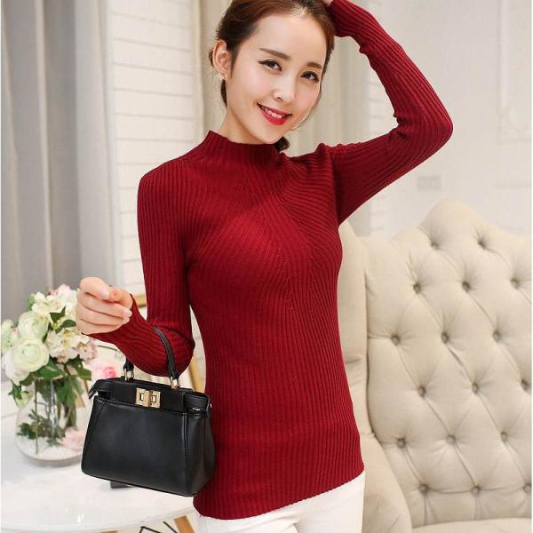 レディース　トップス　ニット　セーター　ハイネック　長袖　スリム　無地　定番　カジュアル　大人可愛い　フェミニン　オフィス　お出かけ　デート　デイリー　グレー　ブラック　ホワイト　レッド　ブラウン　ピンク　フリーサイズ　送料無料