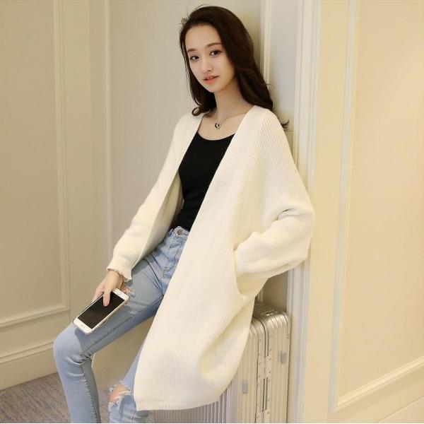 レディース　トップス　ニット　ロング　カーディガン　ドルマン　長袖　無地　ゆったり　ノーボタン　カジュアル　大人可愛い　フェミニン　オフィス　お出かけ　デート　デイリー　ホワイト　カーキ　ブラック　イエロー　フリーサイズ　送料無料