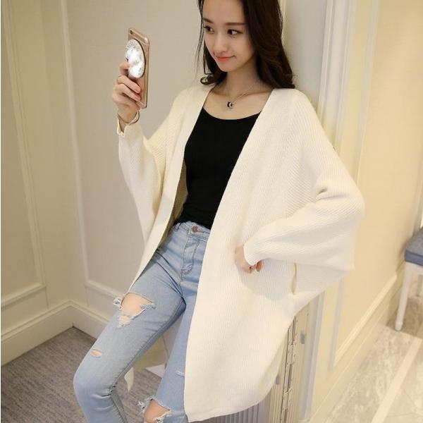 レディース　トップス　ニット　ロング　カーディガン　ドルマン　長袖　無地　ゆったり　ノーボタン　カジュアル　大人可愛い　フェミニン　オフィス　お出かけ　デート　デイリー　ホワイト　カーキ　ブラック　イエロー　フリーサイズ　送料無料
