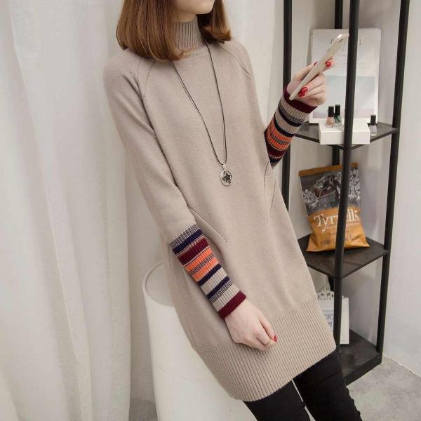 レディース　トップス　ニット　ロング　セーター　ハイネック　長袖　無地　ボーダー　カジュアル　大人可愛い　フェミニン　オフィス　お出かけ　デート　デイリー　カーキ　ホワイト　ブラウン　ブラック　ワンサイズ　送料無料