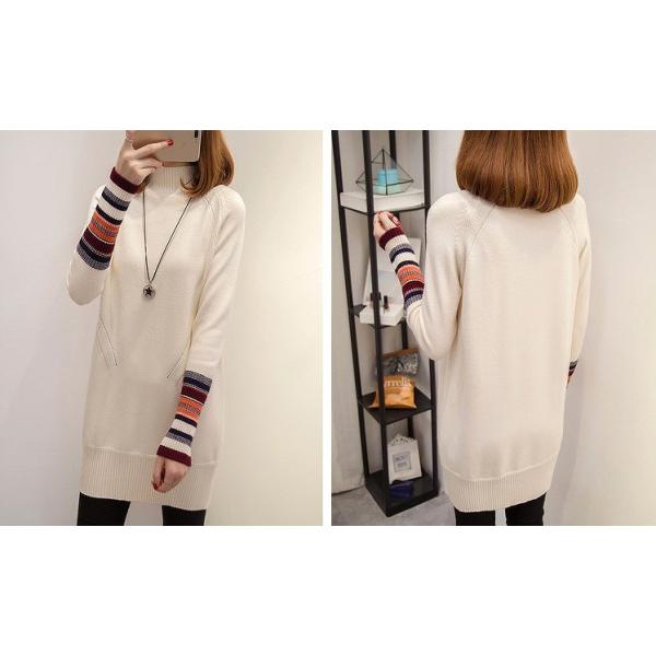 レディース　トップス　ニット　ロング　セーター　ハイネック　長袖　無地　ボーダー　カジュアル　大人可愛い　フェミニン　オフィス　お出かけ　デート　デイリー　カーキ　ホワイト　ブラウン　ブラック　ワンサイズ　送料無料