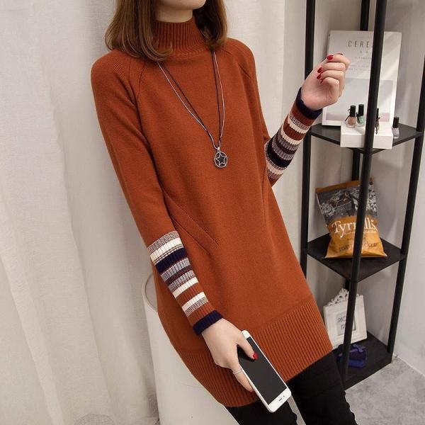レディース　トップス　ニット　ロング　セーター　ハイネック　長袖　無地　ボーダー　カジュアル　大人可愛い　フェミニン　オフィス　お出かけ　デート　デイリー　カーキ　ホワイト　ブラウン　ブラック　ワンサイズ　送料無料
