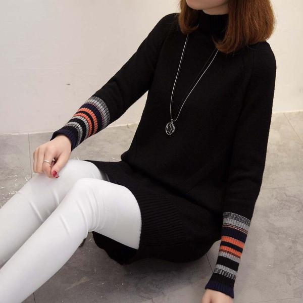 レディース　トップス　ニット　ロング　セーター　ハイネック　長袖　無地　ボーダー　カジュアル　大人可愛い　フェミニン　オフィス　お出かけ　デート　デイリー　カーキ　ホワイト　ブラウン　ブラック　ワンサイズ　送料無料