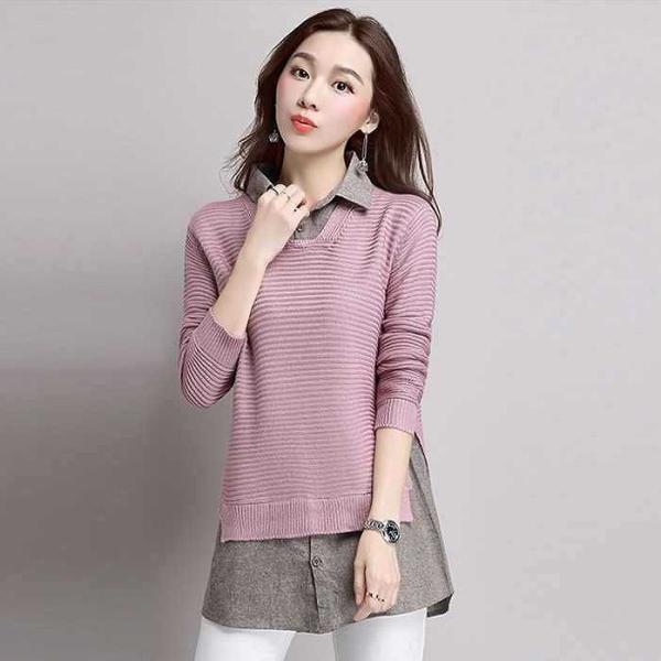レディース　トップス　ニット　ロング　セーター　重ね着風　長袖　無地　カジュアル　大人可愛い　フェミニン　オフィス　お出かけ　デート　デイリー　ピンク　ブラック　ネイビー　キャメル　ワインレッド　フリーサイズ　送料無料