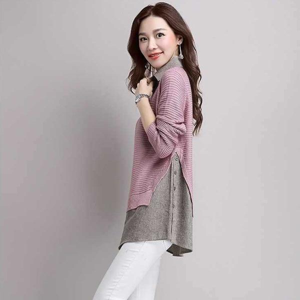 レディース　トップス　ニット　ロング　セーター　重ね着風　長袖　無地　カジュアル　大人可愛い　フェミニン　オフィス　お出かけ　デート　デイリー　ピンク　ブラック　ネイビー　キャメル　ワインレッド　フリーサイズ　送料無料