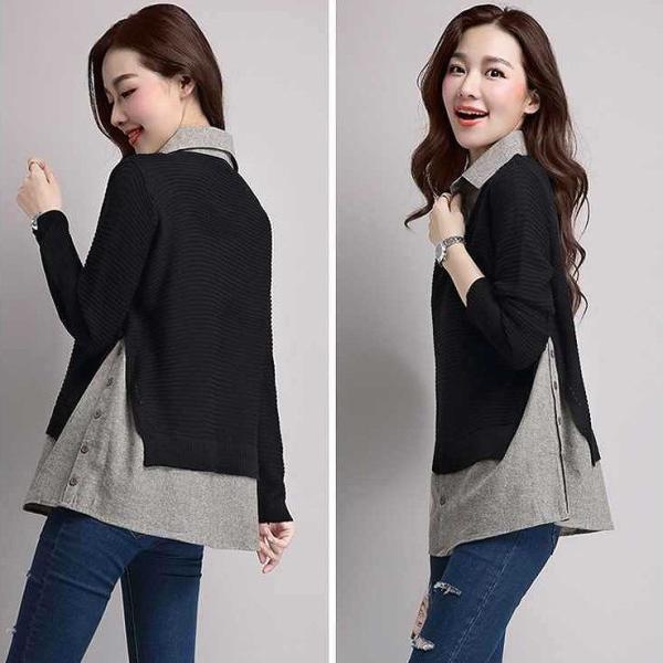 レディース　トップス　ニット　ロング　セーター　重ね着風　長袖　無地　カジュアル　大人可愛い　フェミニン　オフィス　お出かけ　デート　デイリー　ピンク　ブラック　ネイビー　キャメル　ワインレッド　フリーサイズ　送料無料