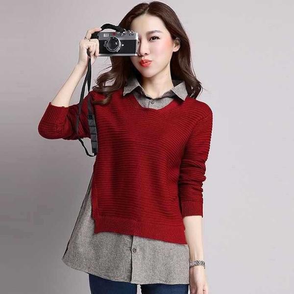 レディース　トップス　ニット　ロング　セーター　重ね着風　長袖　無地　カジュアル　大人可愛い　フェミニン　オフィス　お出かけ　デート　デイリー　ピンク　ブラック　ネイビー　キャメル　ワインレッド　フリーサイズ　送料無料
