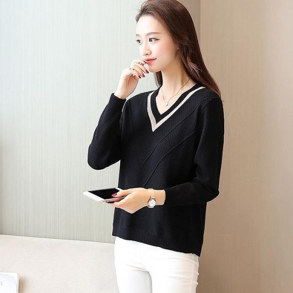 レディース　トップス　ニット　セーター　Vネック　長袖　無地　ライン　カジュアル　大人可愛い　フェミニン　通学　学生　オフィス　お出かけ　デート　デイリー　ブラック　カーキ　ピンク　オフホワイト　フリーサイズ　送料無料