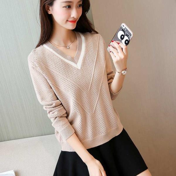 レディース　トップス　ニット　セーター　Vネック　長袖　無地　ライン　カジュアル　大人可愛い　フェミニン　通学　学生　オフィス　お出かけ　デート　デイリー　ブラック　カーキ　ピンク　オフホワイト　フリーサイズ　送料無料