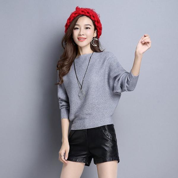 レディース　トップス　ニット　ドルマン　セーター　ラウンドネック　長袖　無地　カジュアル　大人可愛い　フェミニン　オフィス　お出かけ　デート　デイリー　ブラック　ピンク　グレー　レッド　イエロー　ホワイト　フリーサイズ　送料無料