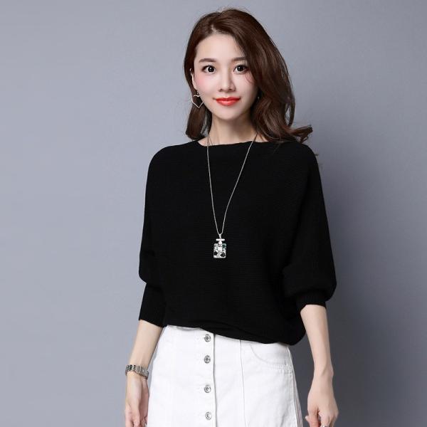 レディース　トップス　ニット　ドルマン　セーター　ラウンドネック　長袖　無地　カジュアル　大人可愛い　フェミニン　オフィス　お出かけ　デート　デイリー　ブラック　ピンク　グレー　レッド　イエロー　ホワイト　フリーサイズ　送料無料