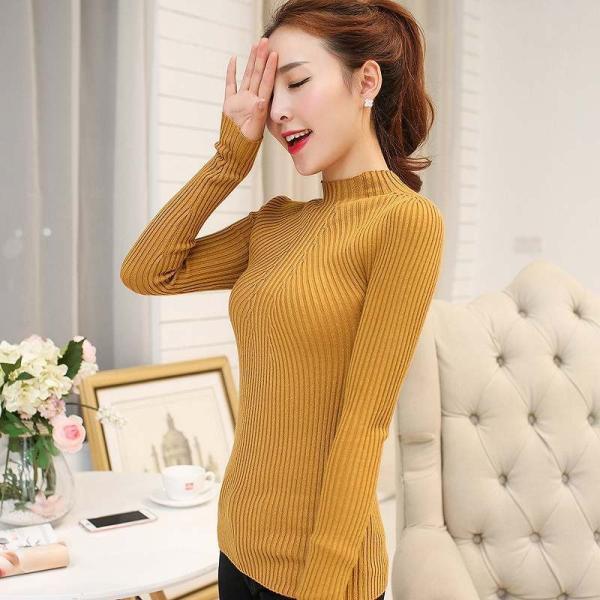 レディース　トップス　ニット　セーター　ハイネック　長袖　無地　スリム　カジュアル　大人可愛い　フェミニン　オフィス　お出かけ　デート　デイリー　ホワイト　ブラック　ピンク　グレー　ワインレッド　イエロー　フリーサイズ　送料無料