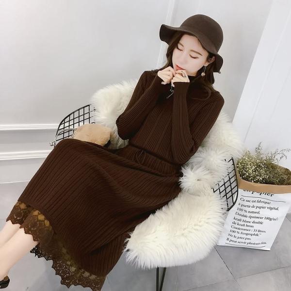 レディース　ニット　ロング　ワンピース　長袖　ハイネック　無地　ゆったり　裾レース　カジュアル　大人可愛い　フェミニン　オフィス　お出かけ　デート　デイリー　ブラウン　カーキ　ブラック　フリーサイズ　送料無料