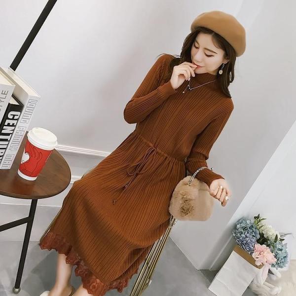 レディース　ニット　ロング　ワンピース　長袖　ハイネック　無地　ゆったり　裾レース　カジュアル　大人可愛い　フェミニン　オフィス　お出かけ　デート　デイリー　ブラウン　カーキ　ブラック　フリーサイズ　送料無料