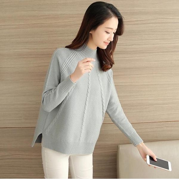 レディース　トップス　ニット　セーター　ハイネック　長袖　無地　ゆったり　カジュアル　大人可愛い　フェミニン　オフィス　お出かけ　デート　デイリー　グリーン　ピンク　カーキ　グレー　オフホワイト　フリーサイズ　送料無料