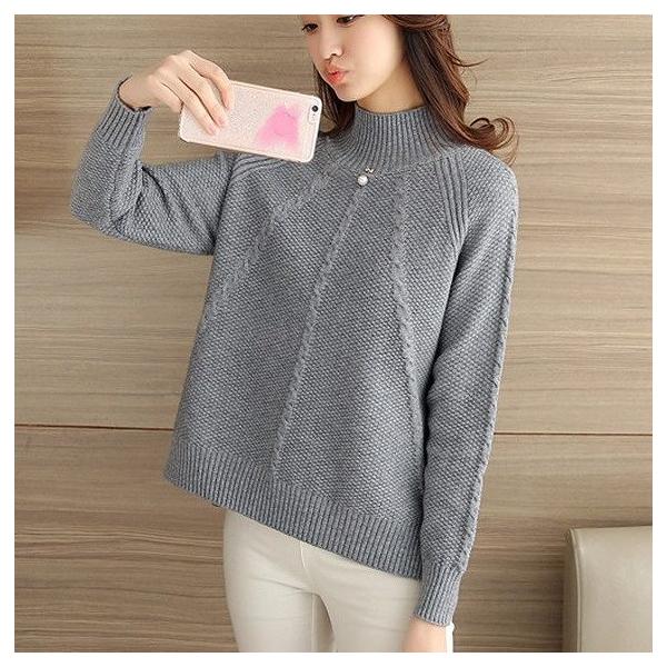 レディース　トップス　ニット　セーター　ハイネック　長袖　無地　ゆったり　カジュアル　大人可愛い　フェミニン　オフィス　お出かけ　デート　デイリー　グリーン　ピンク　カーキ　グレー　オフホワイト　フリーサイズ　送料無料