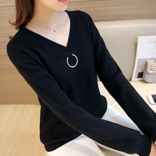 レディース　トップス　ニット　セーター　Vネック　長袖　無地　ゆったり　カジュアル　大人可愛い　フェミニン　オフィス　お出かけ　デート　デイリー　グリーン　カーキ　レッド　オフホワイト　ブラック　ピンク　フリーサイズ　送料無料