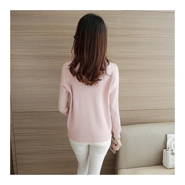 レディース　トップス　ニット　セーター　Vネック　長袖　無地　ゆったり　カジュアル　大人可愛い　フェミニン　オフィス　お出かけ　デート　デイリー　グリーン　カーキ　レッド　オフホワイト　ブラック　ピンク　フリーサイズ　送料無料