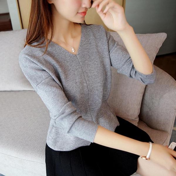 レディース　トップス　ニット　セーター　Vネック　長袖　無地　ウエスト絞り　カジュアル　大人可愛い　フェミニン　オフィス　お出かけ　デート　デイリー　グレー　イエロー　オリーブ　ライトブラウン　ブラック　フリーサイズ　送料無料