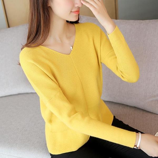 レディース　トップス　ニット　セーター　Vネック　長袖　無地　ウエスト絞り　カジュアル　大人可愛い　フェミニン　オフィス　お出かけ　デート　デイリー　グレー　イエロー　オリーブ　ライトブラウン　ブラック　フリーサイズ　送料無料
