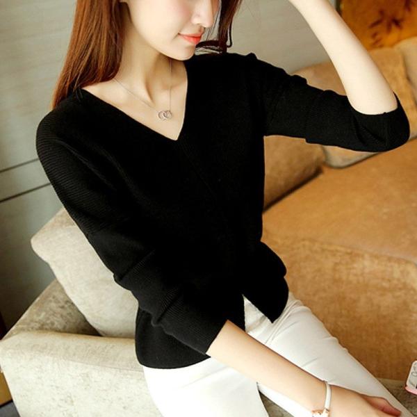 レディース　トップス　ニット　セーター　Vネック　長袖　無地　ウエスト絞り　カジュアル　大人可愛い　フェミニン　オフィス　お出かけ　デート　デイリー　グレー　イエロー　オリーブ　ライトブラウン　ブラック　フリーサイズ　送料無料