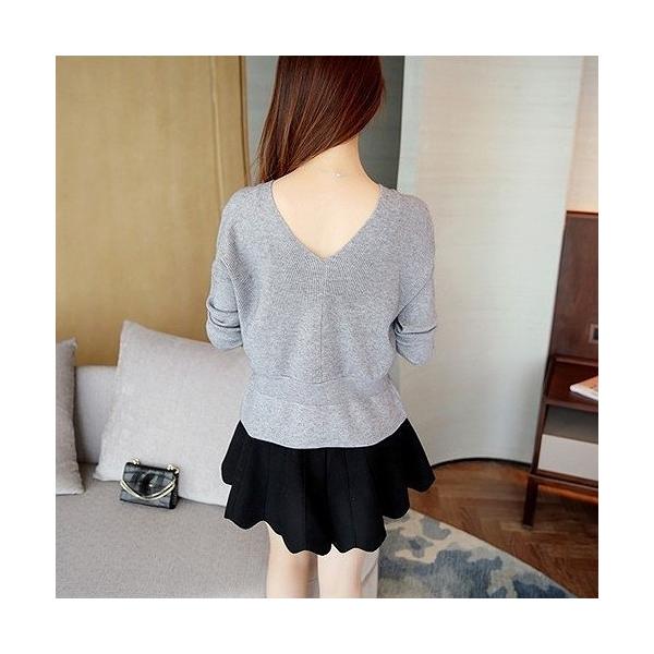 レディース　トップス　ニット　セーター　Vネック　長袖　無地　ウエスト絞り　カジュアル　大人可愛い　フェミニン　オフィス　お出かけ　デート　デイリー　グレー　イエロー　オリーブ　ライトブラウン　ブラック　フリーサイズ　送料無料