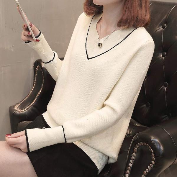レディース　Vネック　ニット　セーター　プルオーバー　カットソー　長袖　シンプル　トップス　カジュアル　キュート　大人　可愛い　フェミニン　おしゃれ　お出かけ　オフィス　デイリー　普段着　ベージュ　ブラウン　ホワイト　レッド　グリーン　ブラック　送料無料