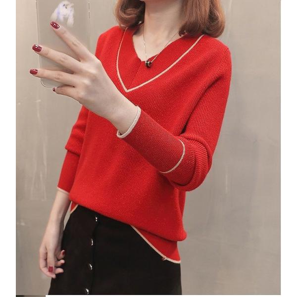 レディース　Vネック　ニット　セーター　プルオーバー　カットソー　長袖　シンプル　トップス　カジュアル　キュート　大人　可愛い　フェミニン　おしゃれ　お出かけ　オフィス　デイリー　普段着　ベージュ　ブラウン　ホワイト　レッド　グリーン　ブラック　送料無料
