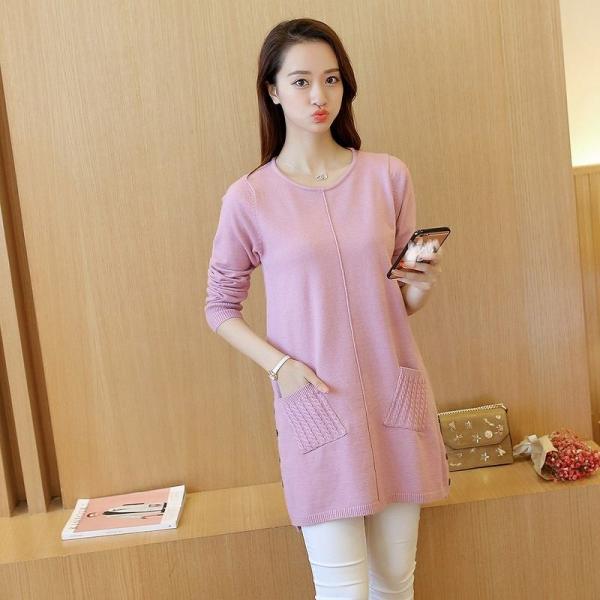 レディース　ニット　セーター　ロング丈　プルオーバー　カットソー　長袖　シンプル　トップス　カジュアル　キュート　大人　可愛い　フェミニン　おしゃれ　お出かけ　オフィス　デイリー　普段着　グレー　ピンク　ブラック　レッド　カーキ　フリーサイズ　送料無料