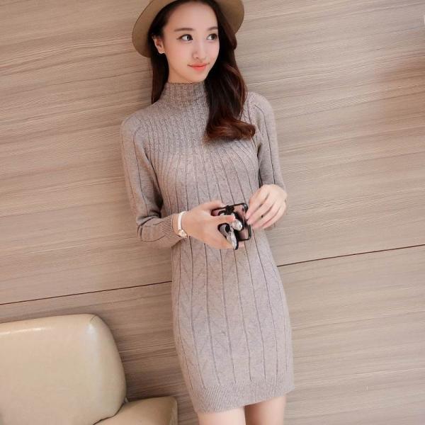 レディース　ワンピース　ニットワンピ　ミニ丈　ハイネック　長袖　無地　シンプル　長袖　スカート　カジュアル　キュート　可愛い　フェミニン　きれいめ　上品　エレガント　おしゃれ　お出かけ　お呼ばれ　ブラック　カーキ　グレー　レッド　フリーサイズ　送料無料