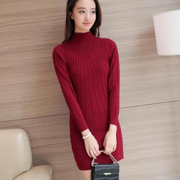 レディース　ワンピース　ニットワンピ　ミニ丈　ハイネック　長袖　無地　シンプル　長袖　スカート　カジュアル　キュート　可愛い　フェミニン　きれいめ　上品　エレガント　おしゃれ　お出かけ　お呼ばれ　ブラック　カーキ　グレー　レッド　フリーサイズ　送料無料