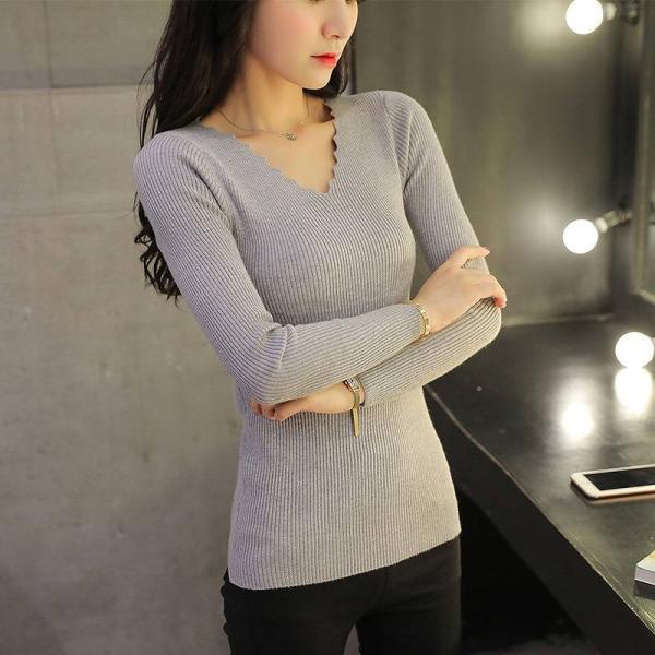 レディース　ニット　Vネック　セーター　プルオーバー　カットソー　長袖　シンプル　トップス　カジュアル　キュート　大人　可愛い　フェミニン　おしゃれ　お出かけ　オフィス　デイリー　普段着　ブラック　グレー　カーキ　ホワイト　レッド　ピンク　送料無料