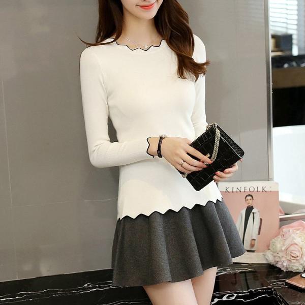 レディース　ニット　セーター　プルオーバー　カットソー　長袖　シンプル　トップス　カジュアル　キュート　大人　可愛い　フェミニン　おしゃれ　お出かけ　オフィス　デイリー　普段着　ホワイト　カーキ　グレー　ブラック　ピンク　フリーサイズ　送料無料