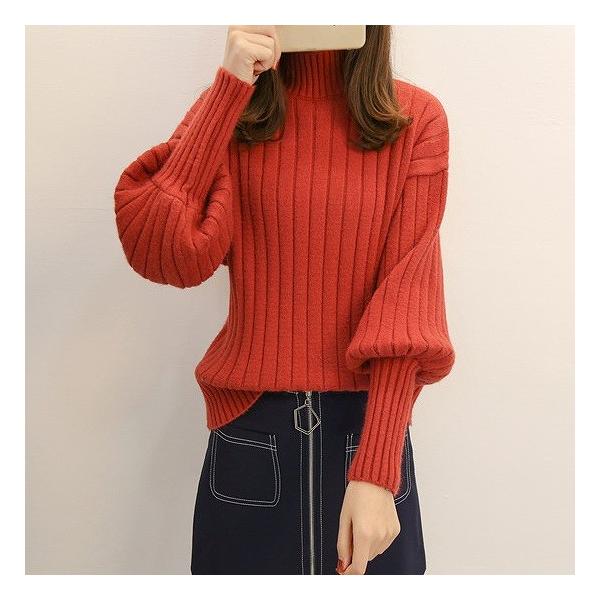 レディース　ニット　ハイネック　ランタンスリーブ　セーター　カットソー　長袖　シンプル　トップス　カジュアル　キュート　大人　可愛い　フェミニン　おしゃれ　お出かけ　オフィス　デイリー　普段着　ブラック　キャラメル　カーキ　ブルー　イエロー　送料無料