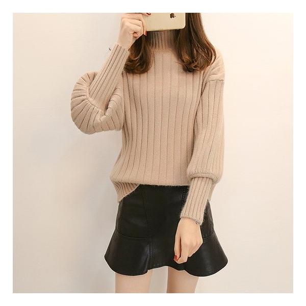 レディース　ニット　ハイネック　ランタンスリーブ　セーター　カットソー　長袖　シンプル　トップス　カジュアル　キュート　大人　可愛い　フェミニン　おしゃれ　お出かけ　オフィス　デイリー　普段着　ブラック　キャラメル　カーキ　ブルー　イエロー　送料無料