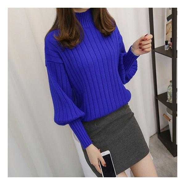 レディース　ニット　ハイネック　ランタンスリーブ　セーター　カットソー　長袖　シンプル　トップス　カジュアル　キュート　大人　可愛い　フェミニン　おしゃれ　お出かけ　オフィス　デイリー　普段着　ブラック　キャラメル　カーキ　ブルー　イエロー　送料無料