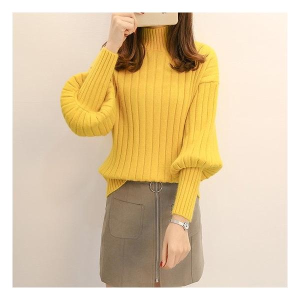 レディース　ニット　ハイネック　ランタンスリーブ　セーター　カットソー　長袖　シンプル　トップス　カジュアル　キュート　大人　可愛い　フェミニン　おしゃれ　お出かけ　オフィス　デイリー　普段着　ブラック　キャラメル　カーキ　ブルー　イエロー　送料無料