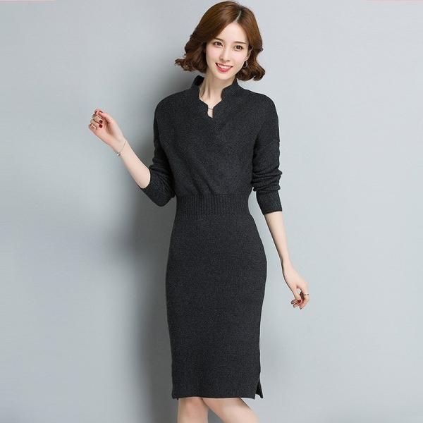 レディース　ワンピース　ニットワンピ　ミディ丈　ひざ丈　ハイウエスト　長袖　無地　シンプル　長袖　スカート　カジュアル　可愛い　フェミニン　きれいめ　上品　エレガント　おしゃれ　お出かけ　お呼ばれ　ブラック　オリーブ　レッド　ブラウン　グリーン　送料無料