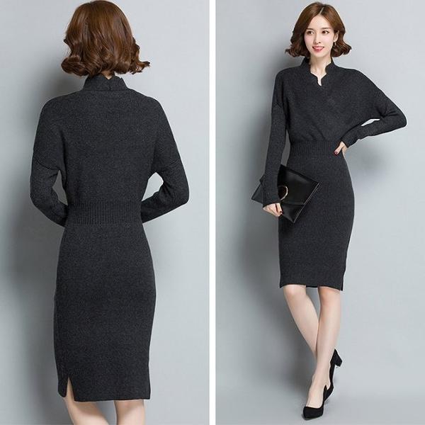 レディース　ワンピース　ニットワンピ　ミディ丈　ひざ丈　ハイウエスト　長袖　無地　シンプル　長袖　スカート　カジュアル　可愛い　フェミニン　きれいめ　上品　エレガント　おしゃれ　お出かけ　お呼ばれ　ブラック　オリーブ　レッド　ブラウン　グリーン　送料無料