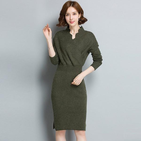 レディース　ワンピース　ニットワンピ　ミディ丈　ひざ丈　ハイウエスト　長袖　無地　シンプル　長袖　スカート　カジュアル　可愛い　フェミニン　きれいめ　上品　エレガント　おしゃれ　お出かけ　お呼ばれ　ブラック　オリーブ　レッド　ブラウン　グリーン　送料無料