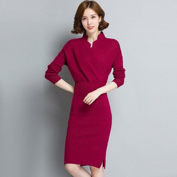 レディース　ワンピース　ニットワンピ　ミディ丈　ひざ丈　ハイウエスト　長袖　無地　シンプル　長袖　スカート　カジュアル　可愛い　フェミニン　きれいめ　上品　エレガント　おしゃれ　お出かけ　お呼ばれ　ブラック　オリーブ　レッド　ブラウン　グリーン　送料無料