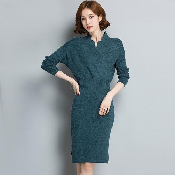 レディース　ワンピース　ニットワンピ　ミディ丈　ひざ丈　ハイウエスト　長袖　無地　シンプル　長袖　スカート　カジュアル　可愛い　フェミニン　きれいめ　上品　エレガント　おしゃれ　お出かけ　お呼ばれ　ブラック　オリーブ　レッド　ブラウン　グリーン　送料無料