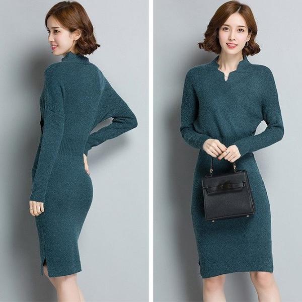 レディース　ワンピース　ニットワンピ　ミディ丈　ひざ丈　ハイウエスト　長袖　無地　シンプル　長袖　スカート　カジュアル　可愛い　フェミニン　きれいめ　上品　エレガント　おしゃれ　お出かけ　お呼ばれ　ブラック　オリーブ　レッド　ブラウン　グリーン　送料無料