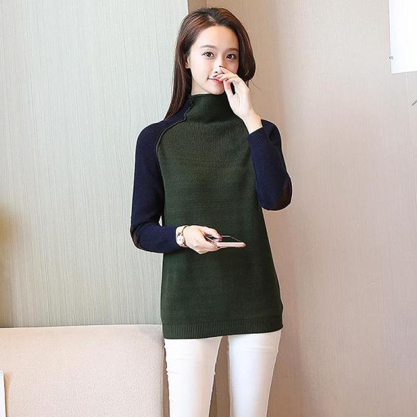 レディース　ニット　エルボーパッチ　ハイネック　ラグランスリーブ　セーター　カットソー　長袖　シンプル　トップス　カジュアル　キュート　大人　可愛い　フェミニン　おしゃれ　お出かけ　オフィス　デイリー　普段着　オリーブ　オレンジ　レッド　送料無料