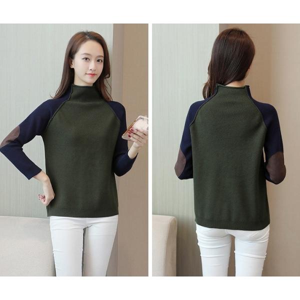 レディース　ニット　エルボーパッチ　ハイネック　ラグランスリーブ　セーター　カットソー　長袖　シンプル　トップス　カジュアル　キュート　大人　可愛い　フェミニン　おしゃれ　お出かけ　オフィス　デイリー　普段着　オリーブ　オレンジ　レッド　送料無料