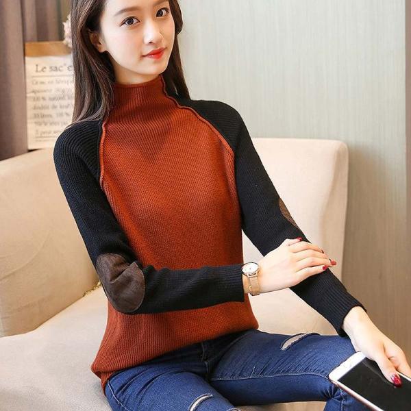レディース　ニット　エルボーパッチ　ハイネック　ラグランスリーブ　セーター　カットソー　長袖　シンプル　トップス　カジュアル　キュート　大人　可愛い　フェミニン　おしゃれ　お出かけ　オフィス　デイリー　普段着　オリーブ　オレンジ　レッド　送料無料